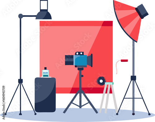 Photography studio vector. Photo studio white blank background with soft box light, camera, tripod and backdrop. Vector illustration. Isolated on white background stock illustration white background
