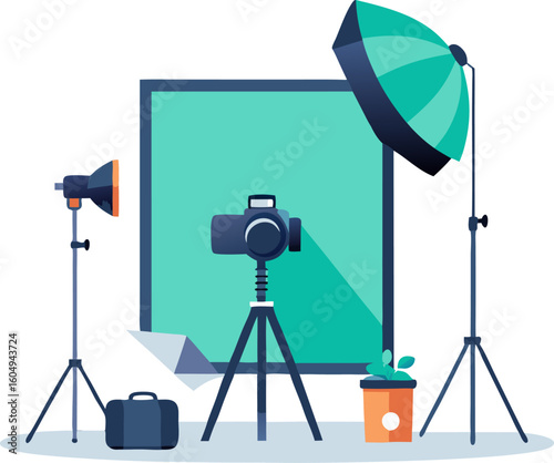 Photography studio vector. Photo studio white blank background with soft box light, camera, tripod and backdrop. Vector illustration. Isolated on white background stock illustration white background