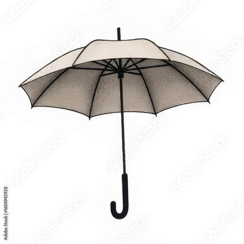 Classic black and cream umbrella with curved handle on white background  