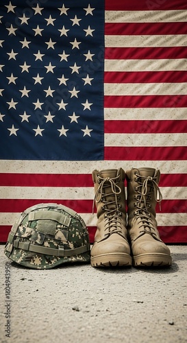 Military boots and helmet against an american flag.