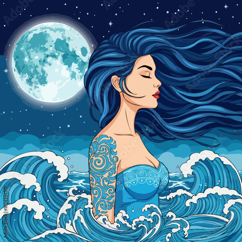 Mystical woman with long blue hair standing serenely in ocean waves under a starry night sky and full moon