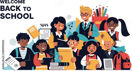 Vector art of a modern back to school illustration featuring students and teachers in a classroom setting, emphasizing education, learning, and teamwork for a successful academic year