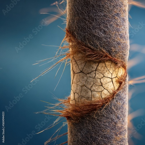 Hair damage concept.Human hair strand close up with cuticle scales and damage, detailed microscopic view showing texture and structure clearly. dry hair	