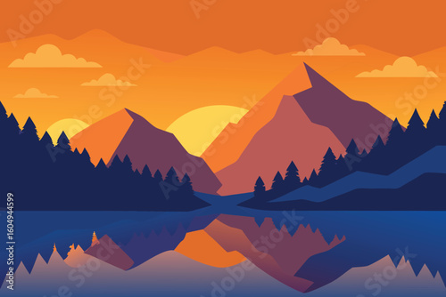 Vibrant flat design concept of a breathtaking mountain lake scene during a beautiful sunset or sunrise.