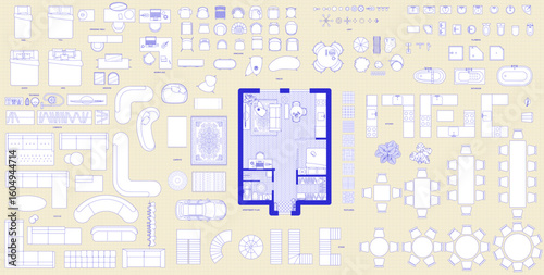 Furniture in top view. Vector illustration of isolated interior objects on white background.