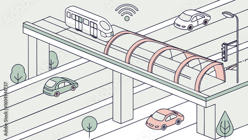 Isometric view of a city overpass with cars, a train, tunnel, street light and trees shown