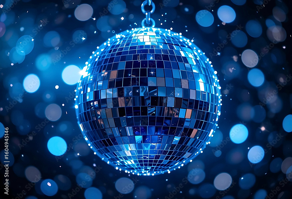 Fototapeta premium Sparkling Blue Disco Ball in a Nightclub Atmosphere. A vibrant, close-up image of a blue disco ball, showcasing its reflective mosaic surface.