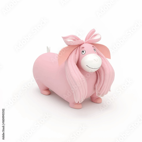 Cartoon pink sheep with long hair and a bow on a white background  