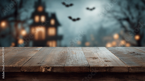 Wooden table surface with spooky house and bats in the background for halloween themed composition