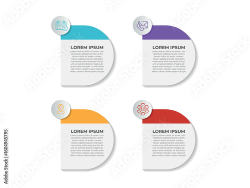 Concept of arrow business model with 4 successive steps. Six colorful graphic elements. Timeline design for brochure, presentation. Infographic design layout