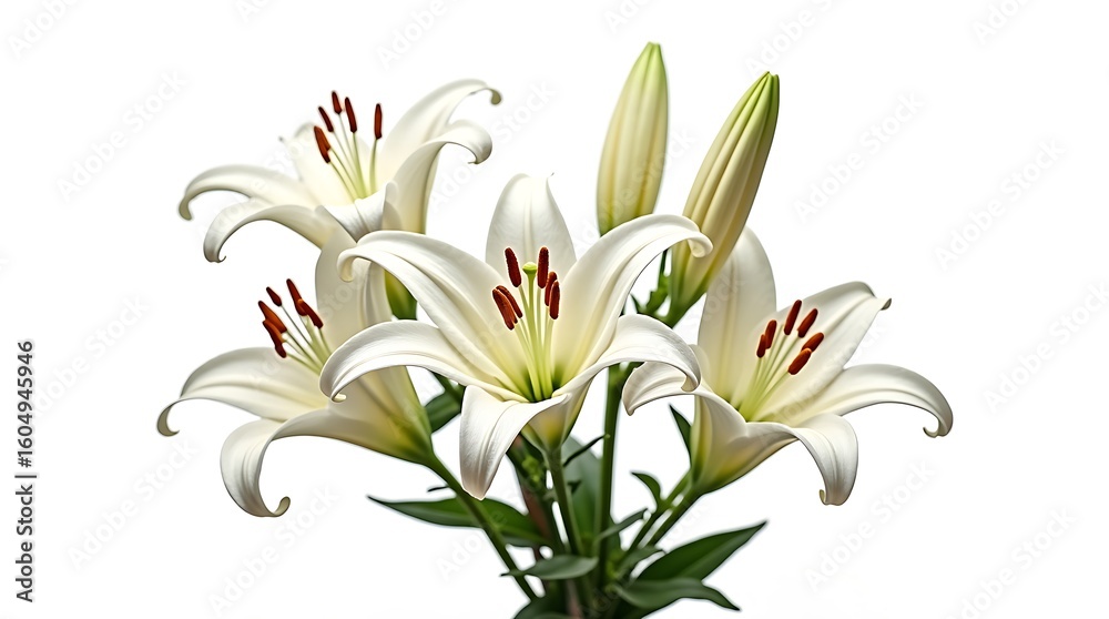 Fototapeta premium A beautiful bouquet of white lilies, isolated and blooming, showcases the delicate beauty of these spring flowers
