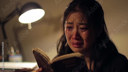 A young woman crying while reading a book in a dimly lit room