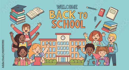 Vector art of a colorful cartoon illustration welcomes students back to school with happy children and school building isolated on white background