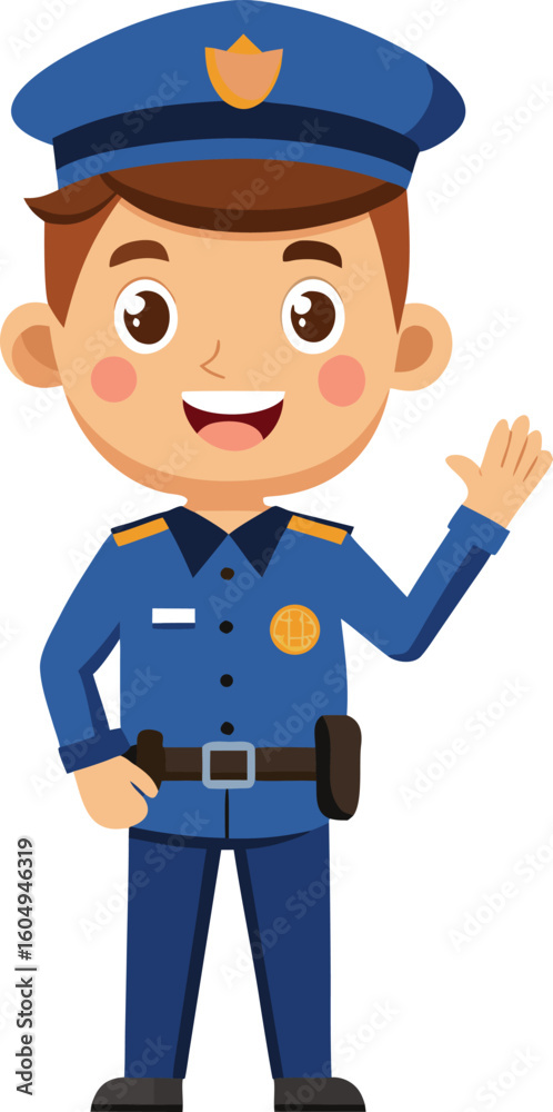Funny cartoon policeman character in a suit with a gun, standing and smiling, waving his hand Funny cartoon policeman character in a suit with a gun, standing and smiling, waving his hand