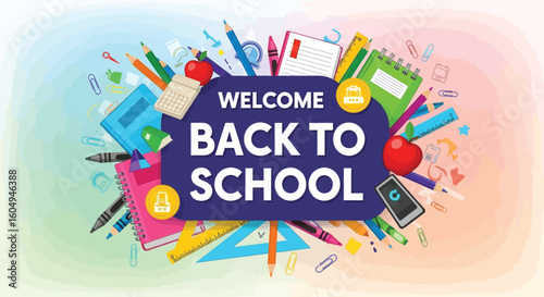 Vector art of a vibrant and colorful illustration welcomes students back to school, showcasing a variety of school supplies and educational tools