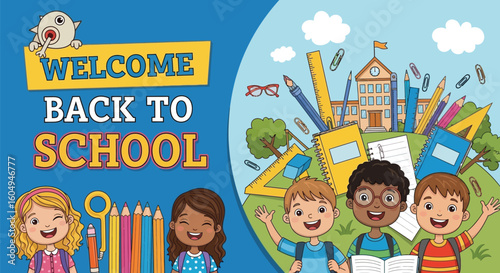 Vector art of a colorful and playful illustration of students and school supplies, welcoming everyone back to school with a cheerful design