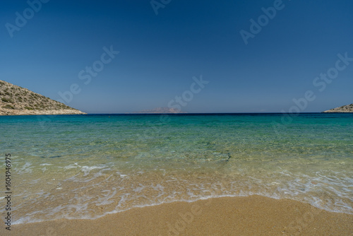 View of the breathtaking turquoise beach of Agia Theodoti in Ios Greece