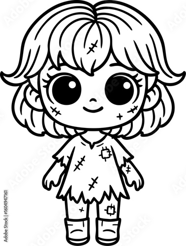 Cute zombie girl in Halloween costume, black and white vector illustration with stitched face, big eyes, messy hair, and scary smile — perfect for spooky kids' crafts and Halloween decor.