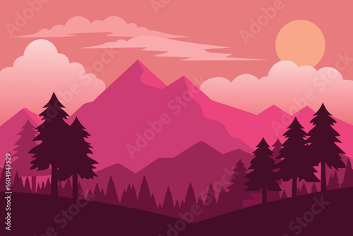 Serene mountain landscape with pine forest silhouette in pink monochrome tones