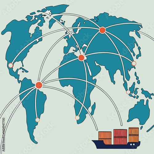 Global trade network illustration featuring a world map with shipping routes and a cargo ship at sea