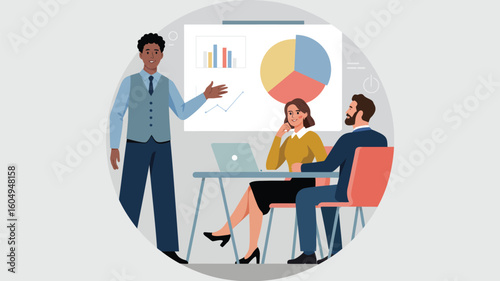 Business presentation with pie chart and attentive audience