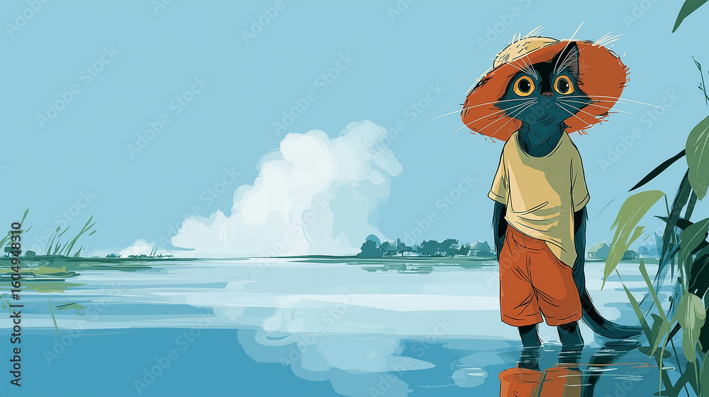 Cartoon cat wearing large hat standing by the water in summer Cartoon cat wearing large hat standing by the water in summer