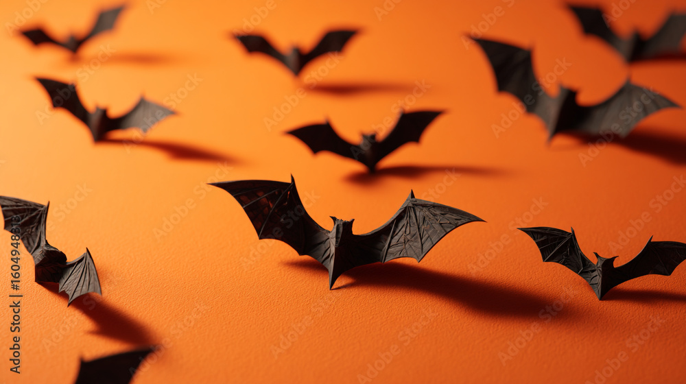 Naklejka premium A halloween themed background with black paper bats on an orange colored surface in a studio shot