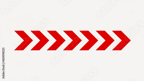 Minimalist graphic design featuring seven red chevron arrows aligned horizontally on a clean white background