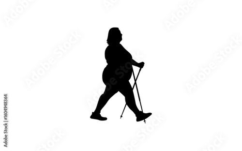 A silhouette of a plus-size woman walking with walking sticks against a plain white background.