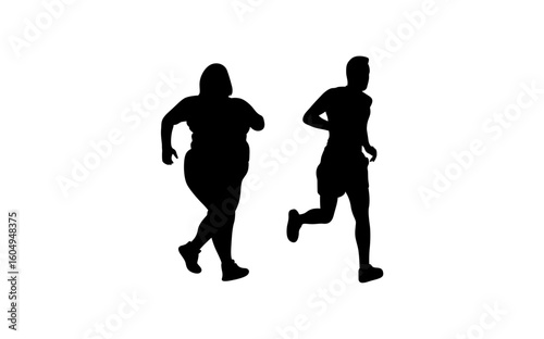A stark silhouette contrast of an obese woman and a slender woman running.