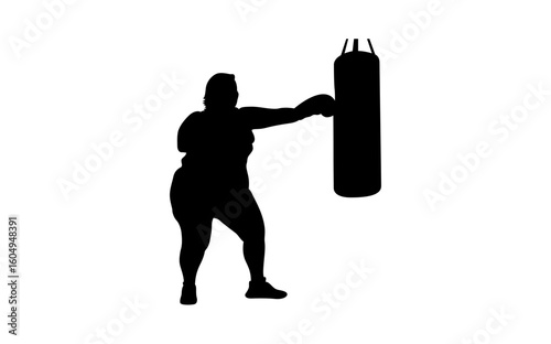 A strong, confident plus-size woman in silhouette, dynamically punches a boxing bag.