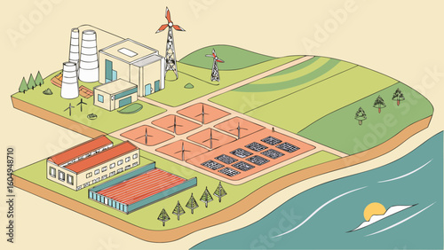 Isometric view of a power plant with wind turbines solar panels and industrial buildings near water body