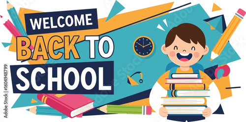 Vector art of a group of diverse students are holding books and school supplies in front of a school building, celebrating welcome back to school in a cartoon illustration