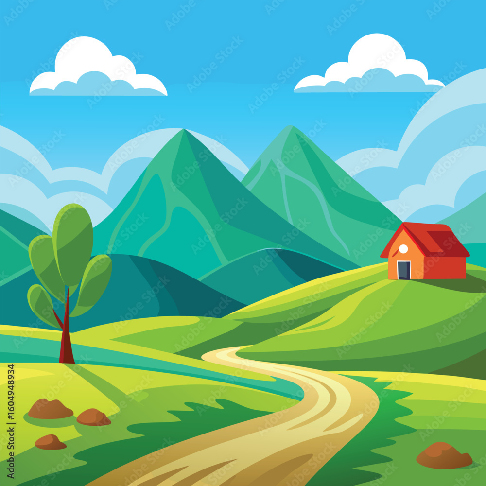 Fototapeta premium Cartoon Landscape Vector Illustration with Hills Trees and Sky Elements