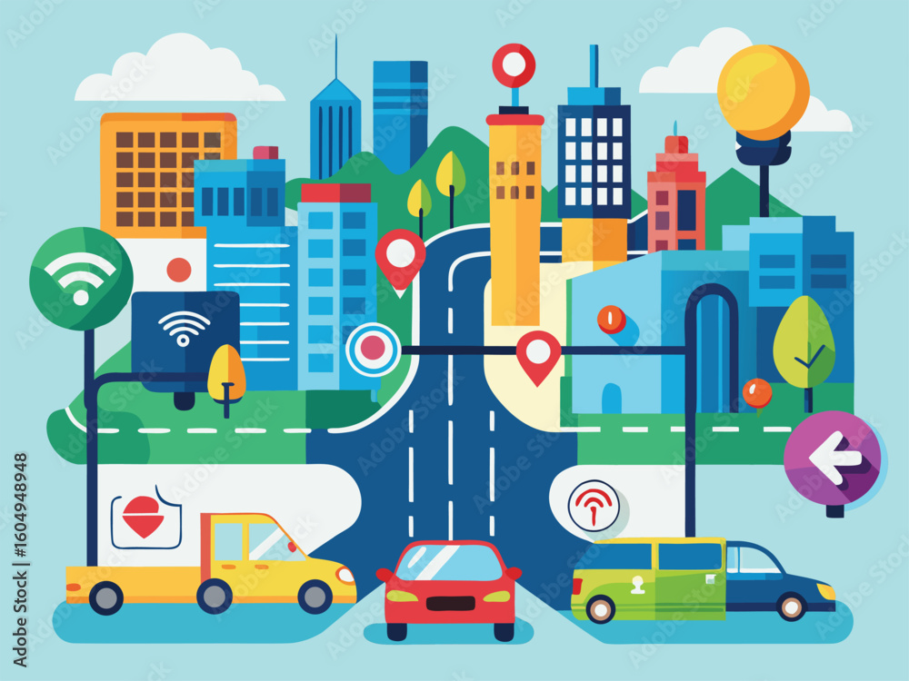 Futuristic city traffic system with connected vehicles and smart infrastructure smart lights connected cars Futuristic city traffic system with connected vehicles and smart infrastructure smart lights connected cars