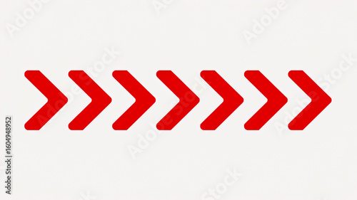 Minimalist graphic design featuring seven red chevron arrows aligned horizontally on a clean white background