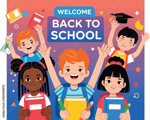 Vector art of a cheerful cartoon illustration welcomes students back to school, featuring diverse children with books and a graduation cap