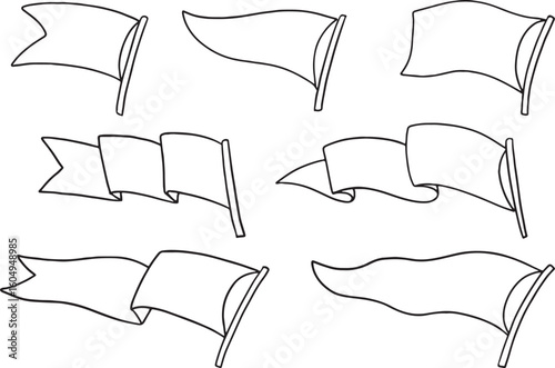 set of hand-drawn line art vectors featuring various blank signposts and waving flags. The signposts offer different styles with multiple arrows and planks for directions or customizable messages.