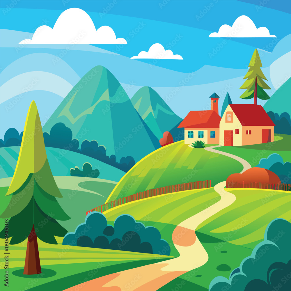 Naklejka premium Cartoon Landscape Illustration with Rolling Hills Trees and a Bright Sky