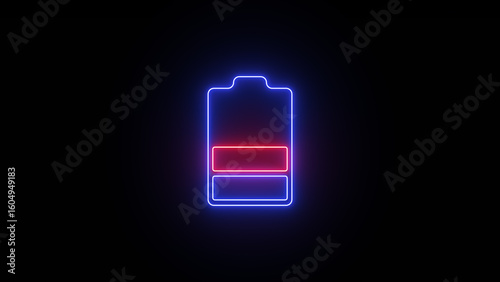 Neon glowing battery charging medium charge on black background.