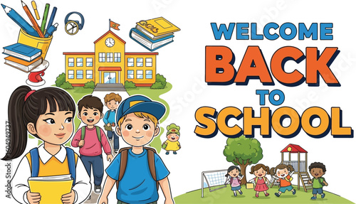 Vector art of a colorful cartoon illustration welcomes students back to school, depicting happy children, a school building, books, and playground equipment