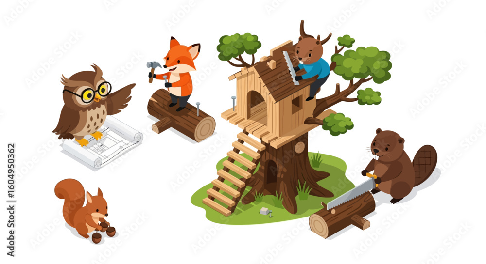 Fototapeta premium Adorable Forest Animals Building a Treehouse