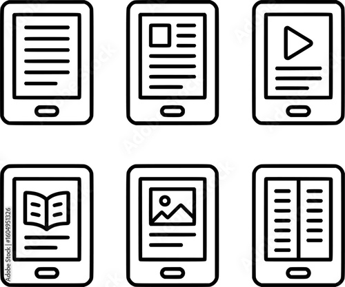 Ereader tablet outline icons digital book reader vector collection 