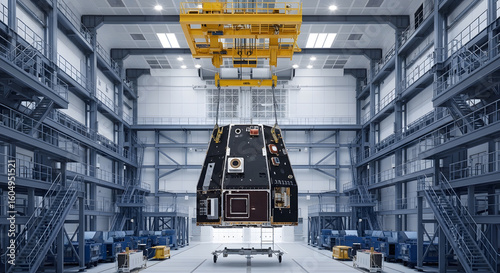 Fototapeta Naklejka Na Ścianę i Meble -  A high-tech spacecraft module suspended from a yellow overhead crane in a vast aerospace assembly facility.