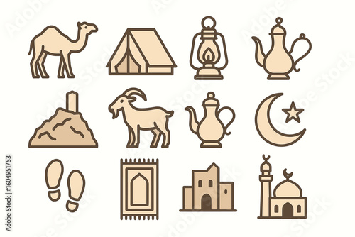 Middle eastern culture icons: camel, tent, lantern, tea pot, mosque, goat, crescent moon