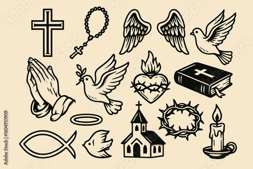 Religious symbols: cross, dove, praying hands, bible, church, crown, candle