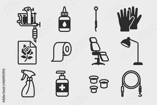 Tattoo studio equipment icons: machine, ink bottle, needle, gloves, and chair