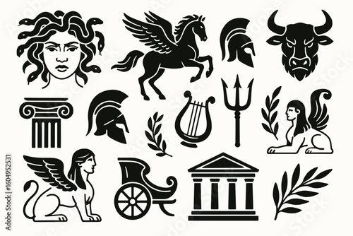 Greek mythology symbols medusa pegasus minotaur sphinx helm