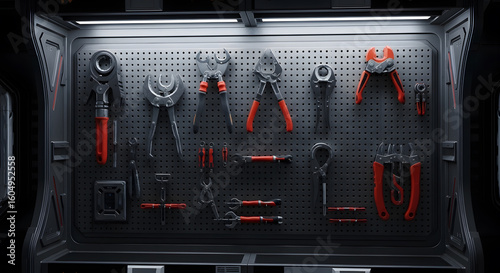 A set of futuristic red and black hand tools neatly organized on a pegboard wall in a modern workshop.