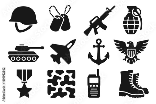 Military icons set: helmet, dog tags, rifle, grenade, tank, jet, anchor, eagle, medal, camouflage, radio, boots